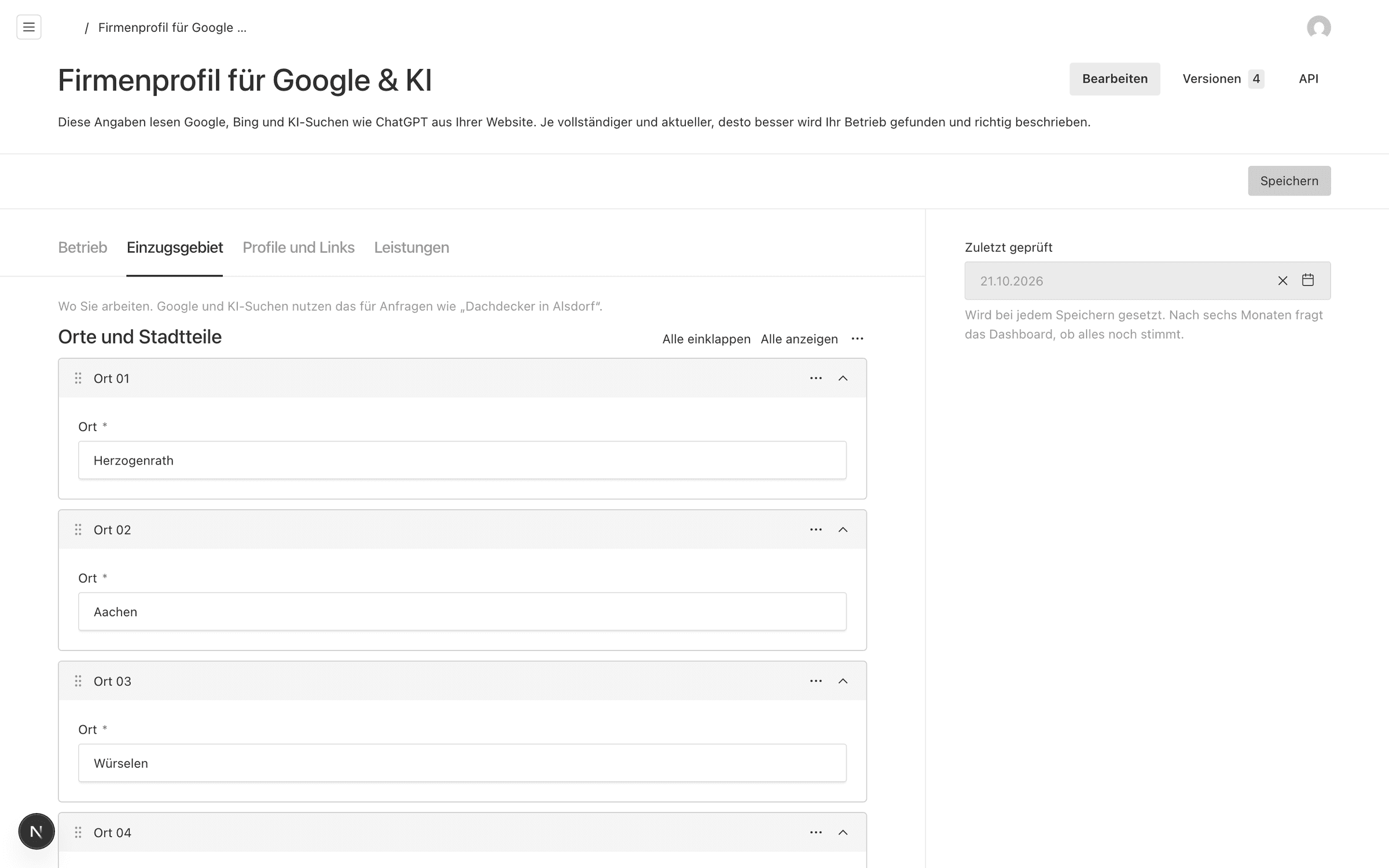 Firmenprofil für Google und KI im Editor, Reiter Einzugsgebiet mit einer Liste von Orten