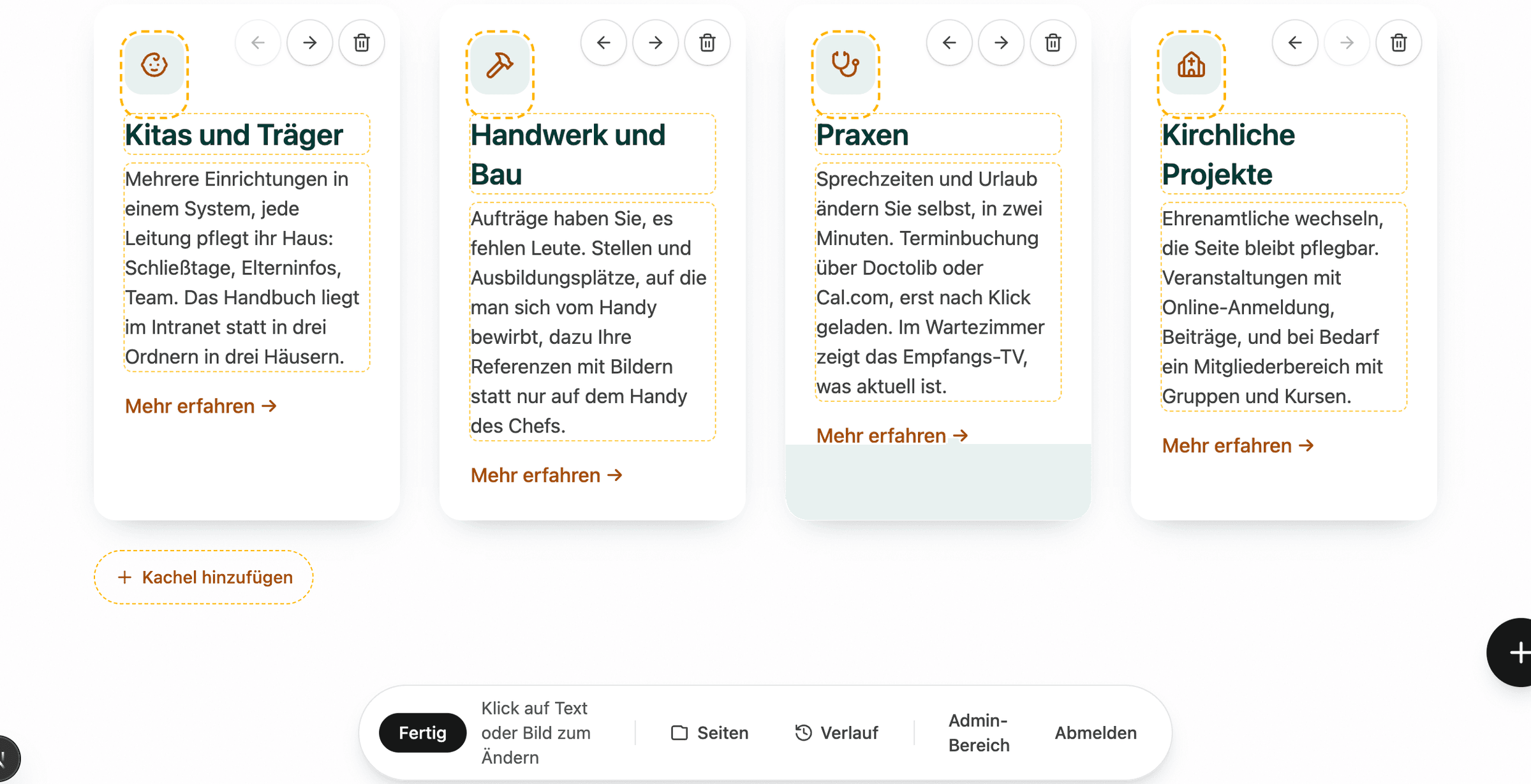 Bearbeiten-Modus: die vier Zielgruppen-Kacheln lassen sich direkt auf der Seite ändern
